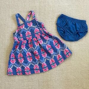 Baby girl clothes. Dress and undies set. Blue dress and pink pattern. 12 months.